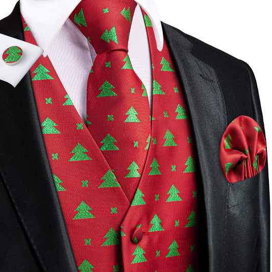 Red Green Tree Christmas Novelty Jacquard Silk Men's Vest Hanky Cufflinks Tie Set