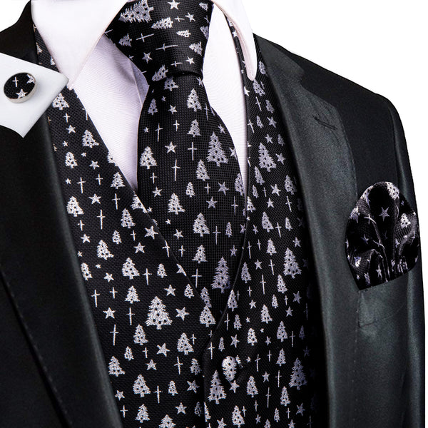 Black White Tree Christmas Novelty Jacquard Silk Men's Vest Hanky Cufflinks Tie Set