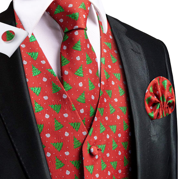 Green Red Christmas Tree Novelty Jacquard Silk Men's Vest Hanky Cufflinks Tie Set