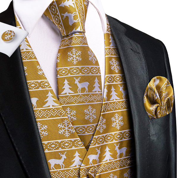 GoldEnrod White Christmas Deer Novelty Jacquard Silk Men's Vest Hanky Cufflinks Tie Set