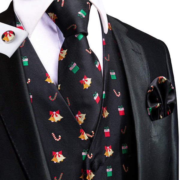 Black Red Christmas Candy Cane Novelty Jacquard Silk Men's Vest Hanky Cufflinks Tie Set