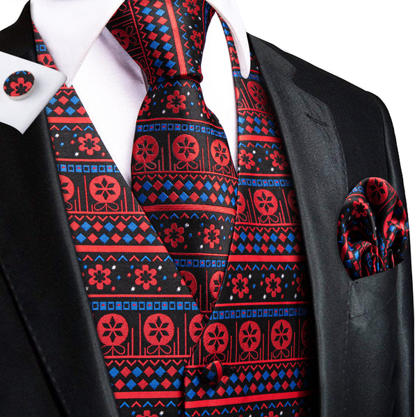 Christmas Black Red Little Flower Novelty Jacquard Silk Men's Vest Hanky Cufflinks Tie Set