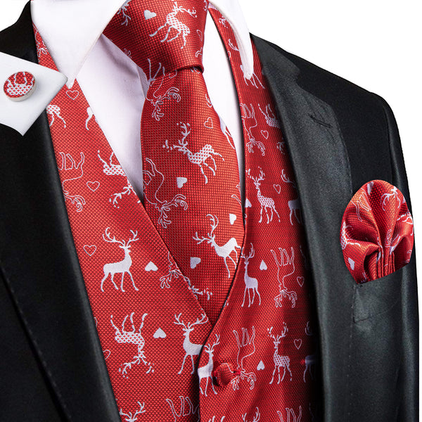 Red White Christmas Deer Novelty Jacquard Silk Men's Vest Hanky Cufflinks Tie Set
