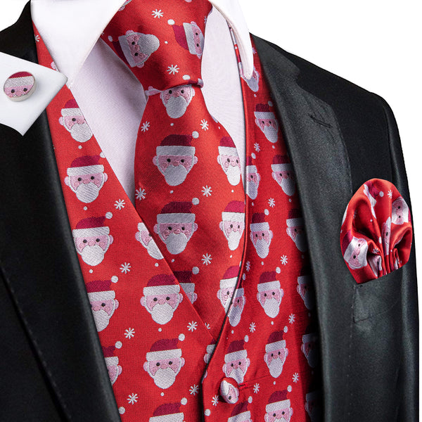 Red White Christmas Santa Claus Novelty Jacquard Silk Men's Vest Hanky Cufflinks Tie Set