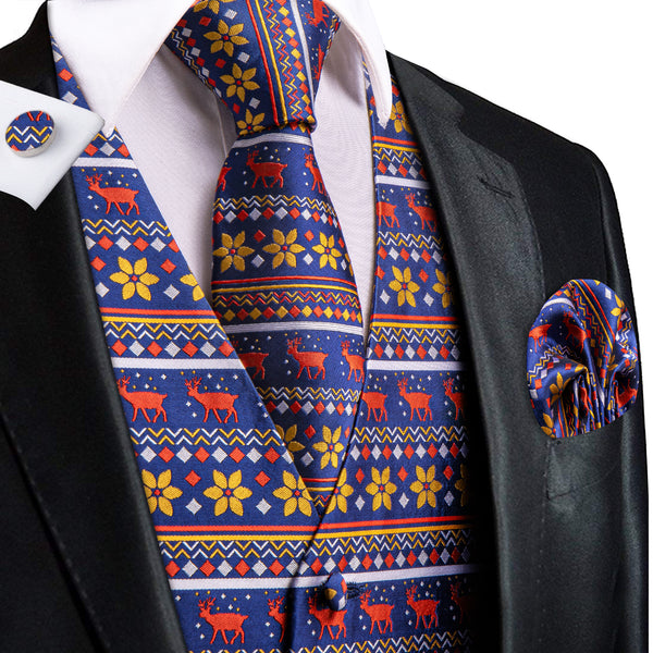 Navy Blue Red Christmas Deer Novelty Jacquard Silk Men's Vest Hanky Cufflinks Tie Set