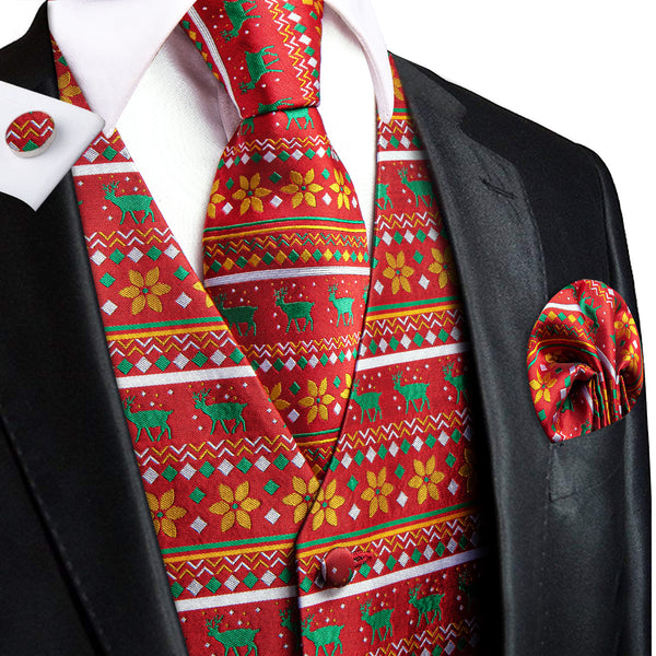 Red Orange Christmas Green Deer Novelty Jacquard Silk Men's Vest Hanky Cufflinks Tie Set