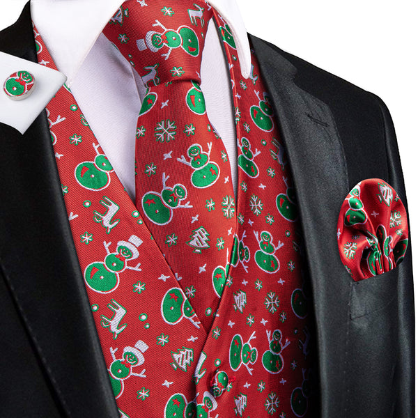 Red Christmas Green Snowman Novelty Jacquard Silk Men's Vest Hanky Cufflinks Tie Set
