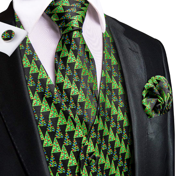 Black Christmas Green Tree Novelty Jacquard Silk Men's Vest Hanky Cufflinks Tie Set