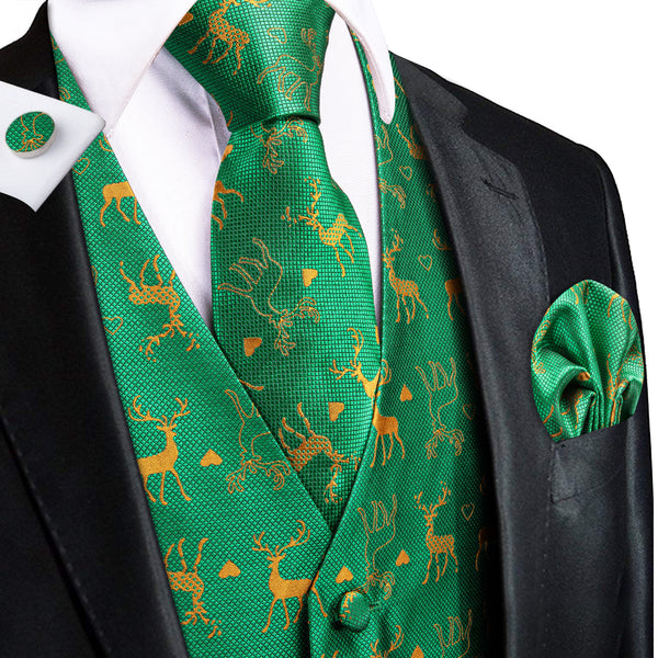 Green Christmas Golden Deer Novelty Jacquard Silk Men's Vest Hanky Cufflinks Tie Set