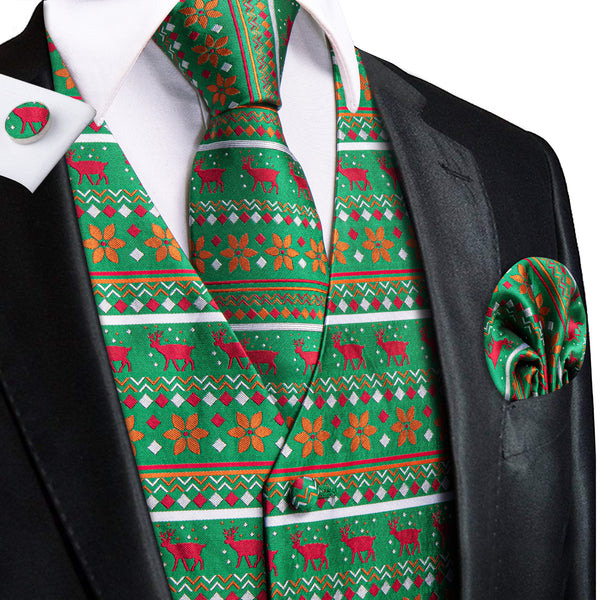 Green Orange Christmas Red Deer Novelty Jacquard Silk Men's Vest Hanky Cufflinks Tie Set