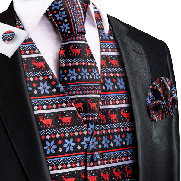 Black Blue Christmas Red Deer Novelty Jacquard Silk Men's Vest Hanky Cufflinks Tie Set