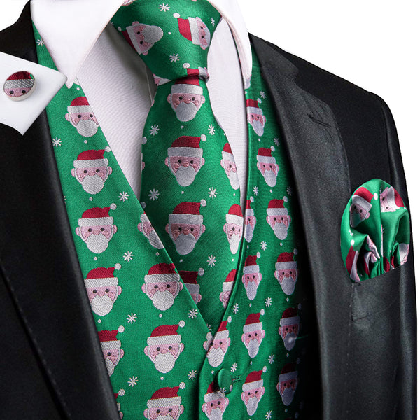 Green White Christmas Santa Claus Novelty Jacquard Silk Men's Vest Hanky Cufflinks Tie Set