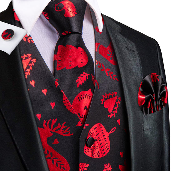 Christmas Black Red Deer Novelty Jacquard Silk Men's Vest Hanky Cufflinks Tie Set