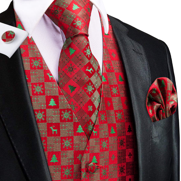 Christmas Red Green Deer Novelty Jacquard Silk Men's Vest Hanky Cufflinks Tie Set