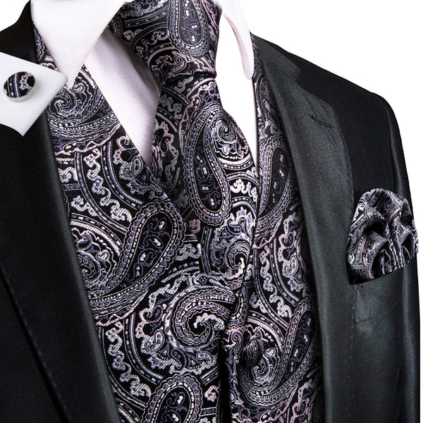 Black Pink Paisley Jacquard Silk Men's Vest Hanky Cufflinks Tie Set