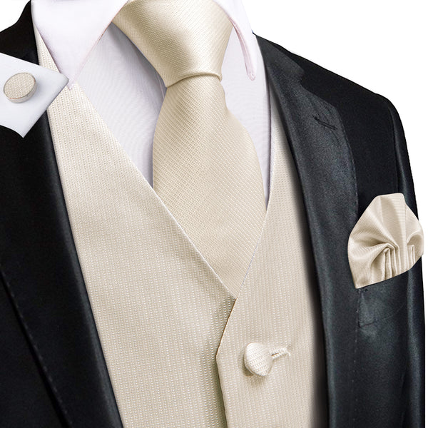 Cream White Plaid Jacquard Silk Men's Vest Hanky Cufflinks Tie Set
