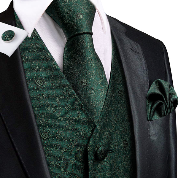 Sapphire Pine Green Veat Sage Green Flower Jacquard Silk Men's Vest Hanky Cufflinks Tie Set