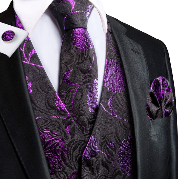 Black Purple Flower Floral Jacquard Silk Men's Vest Hanky Cufflinks Tie Set