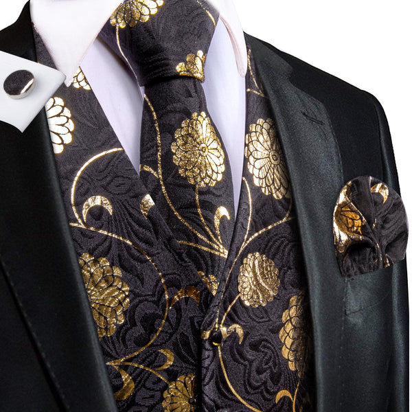 Black Gold Floral Jacquard Silk Men's Vest Hanky Cufflinks Tie Set