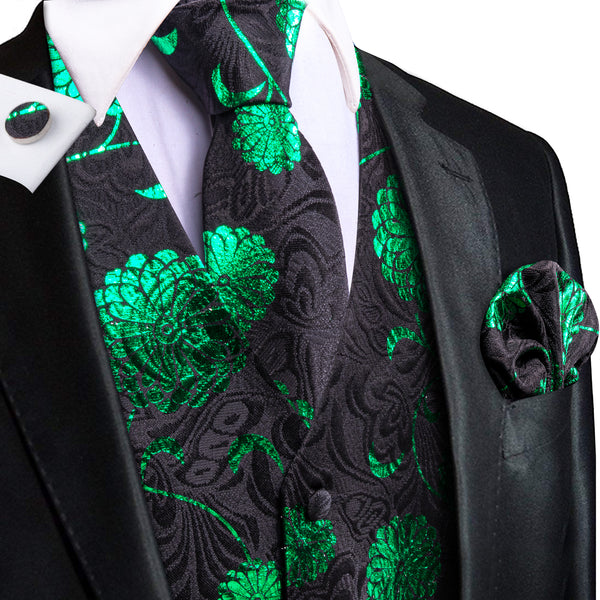 Black Parekeet Green Floral Jacquard Silk Men's Vest Hanky Cufflinks Tie Set