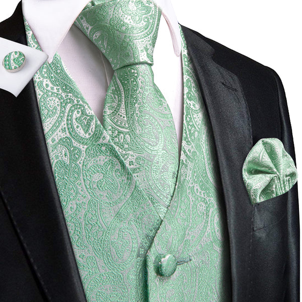 Ties2you Mens Vest Mint Green Paisley Jacquard Silk Vest Hanky Cufflinks Tie Set
