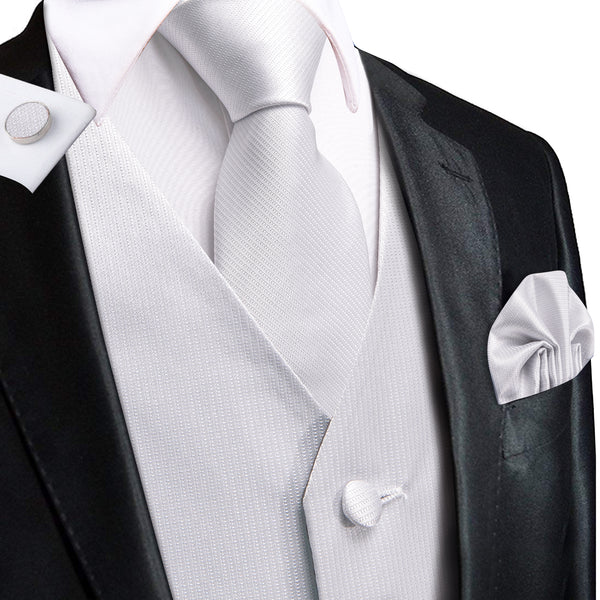 FloralWhite Solid Jacquard Silk Men's Vest Hanky Cufflinks Tie Set