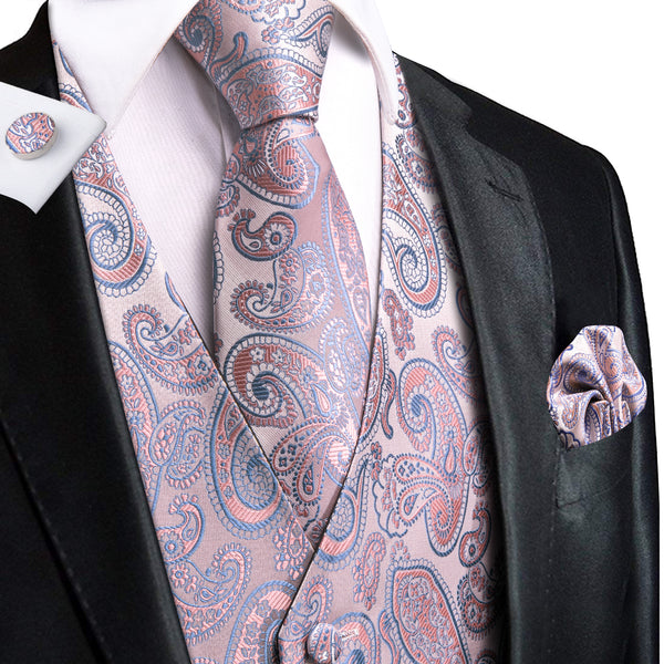Pink Orange SkyBlue Paisley Jacquard Silk Men's Vest Hanky Cufflinks Tie Set