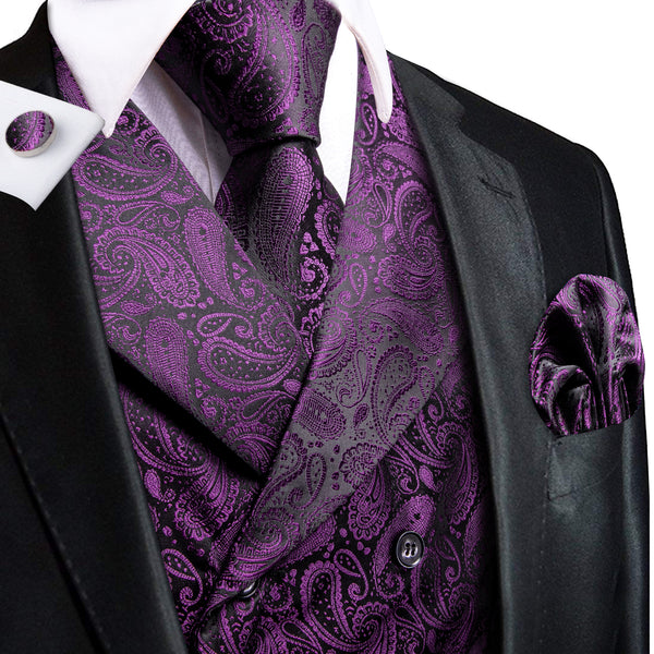 Purple Black Paisley Jacquard Silk Men's Vest Hanky Cufflinks Tie Set