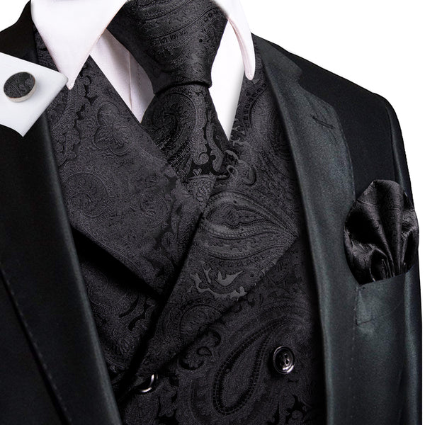 Black Paisley Jacquard Silk Men's Vest Hanky Cufflinks Tie Set
