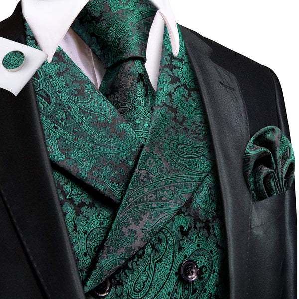 ForestGreen Paisley Jacquard Silk Men's Vest Hanky Cufflinks Tie Set