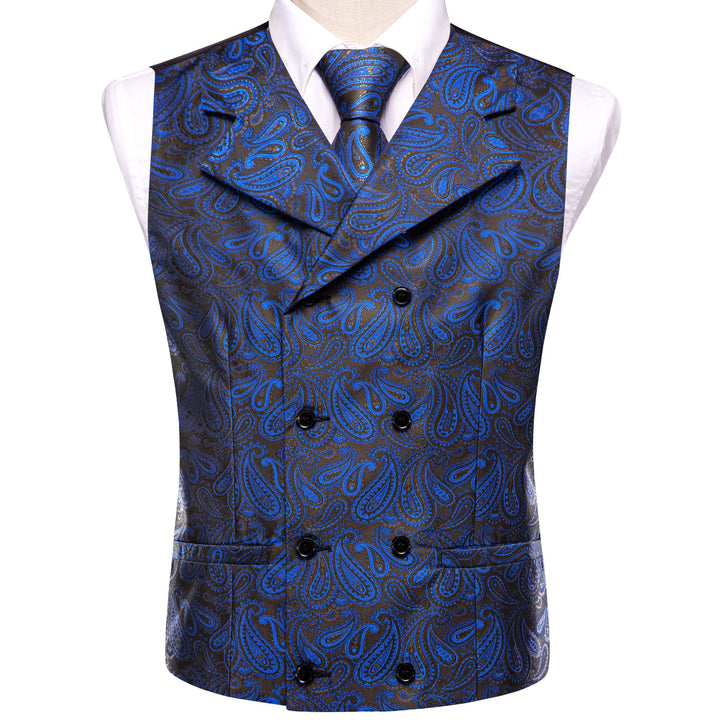 Suit Vest Blue Paisley Silk Men's Notched Collar Vest Tie Hanky Cufflinks Set