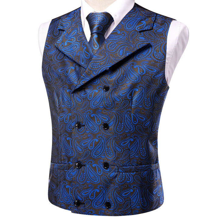 Suit Vest Blue Paisley Silk Men's Notched Collar Vest Tie Hanky Cufflinks Set