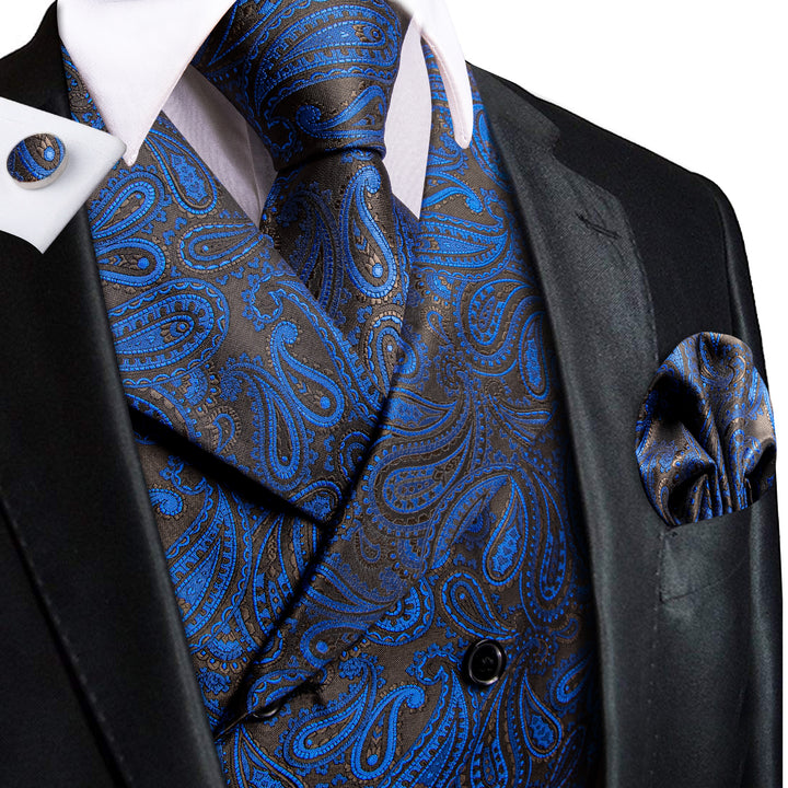 Suit Vest Blue Paisley Silk Men's Notched Collar Vest Tie Hanky Cufflinks Set