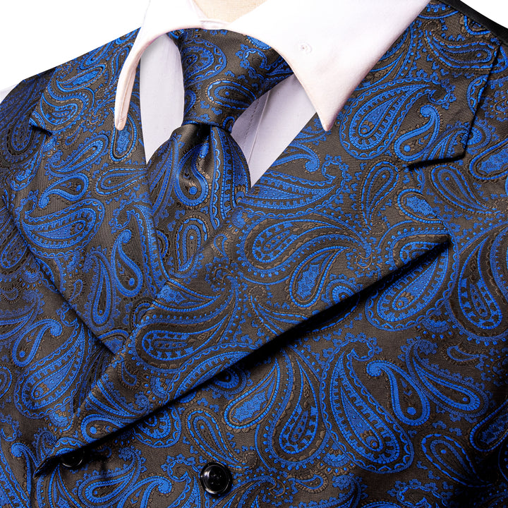 Suit Vest Blue Paisley Silk Men's Notched Collar Vest Tie Hanky Cufflinks Set