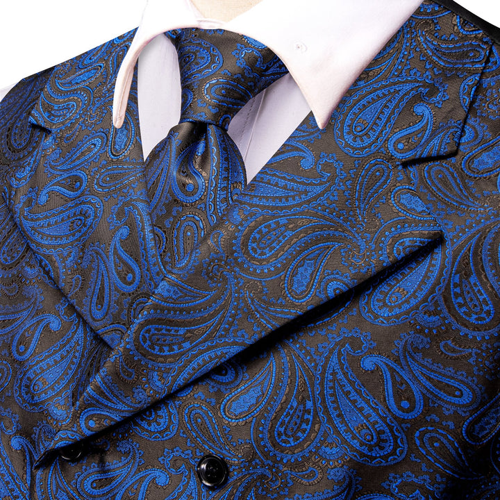 Suit Vest Blue Paisley Silk Men's Notched Collar Vest Tie Hanky Cufflinks Set