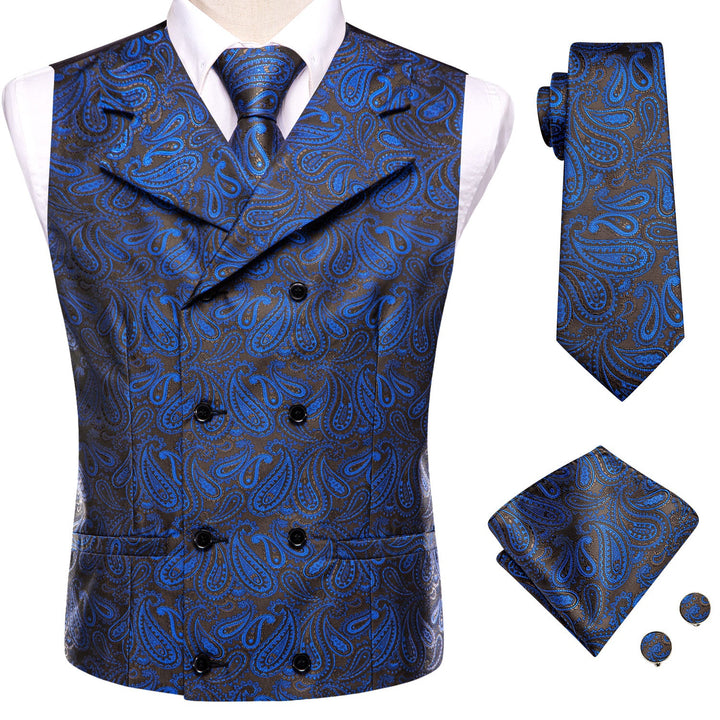 Suit Vest Blue Paisley Silk Men's Notched Collar Vest Tie Hanky Cufflinks Set