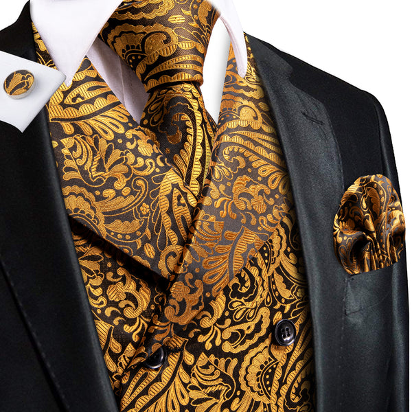GoldEnrod Black Paisley Jacquard Silk Men's Vest Hanky Cufflinks Tie Set