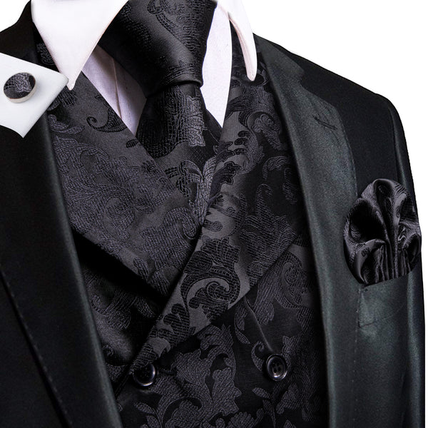 Black Floral Jacquard Silk Men's Vest Hanky Cufflinks Tie Set