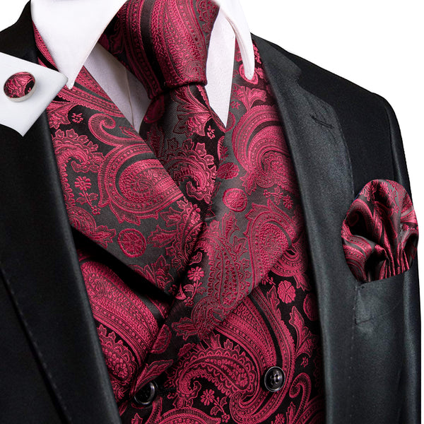 Jam Red Paisley Jacquard Silk Men's Vest Hanky Cufflinks Tie Set