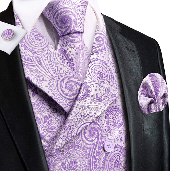 MediumOrchid Lavender Paisley Jacquard Silk Men's Vest Hanky Cufflinks Tie Set