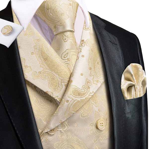 PaleGodenrod Paisley Jacquard Silk Men's Vest Hanky Cufflinks Tie Set