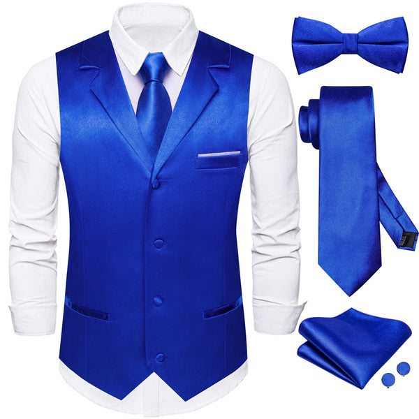 Ties2you Blue Solid Notched Collar Satin Mens Vest Tie Set