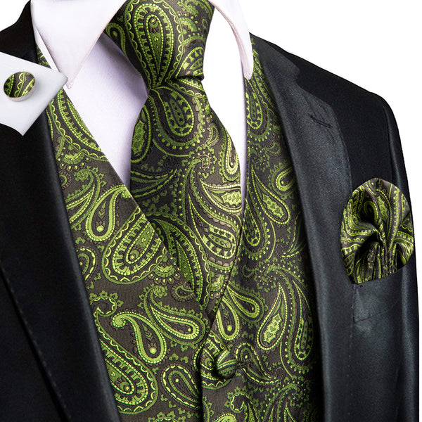 Ties2you Vest for Mens Pickle Green Paisley Jacquard Silk Vest Hanky Cufflinks Tie Set
