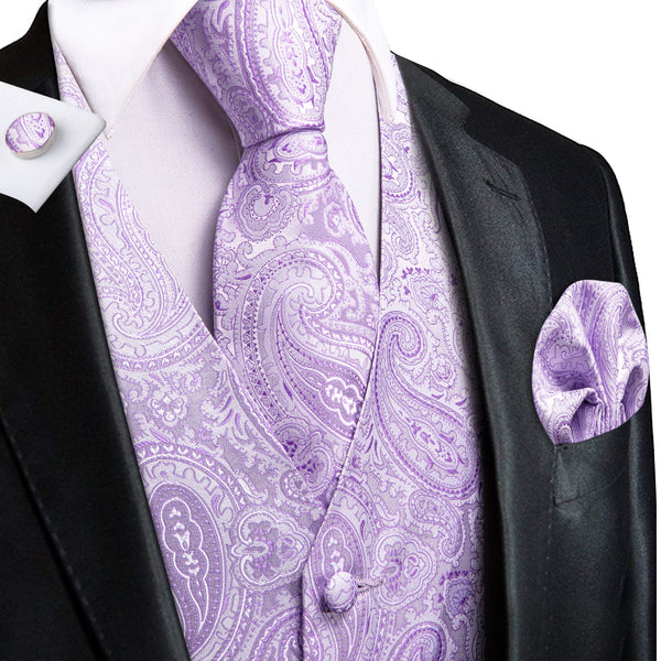 Plum Paisley Jacquard Silk Men's Vest Hanky Cufflinks Tie Set