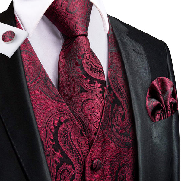 Jam Red Black Paisley Jacquard Silk Men's Vest Hanky Cufflinks Tie Set