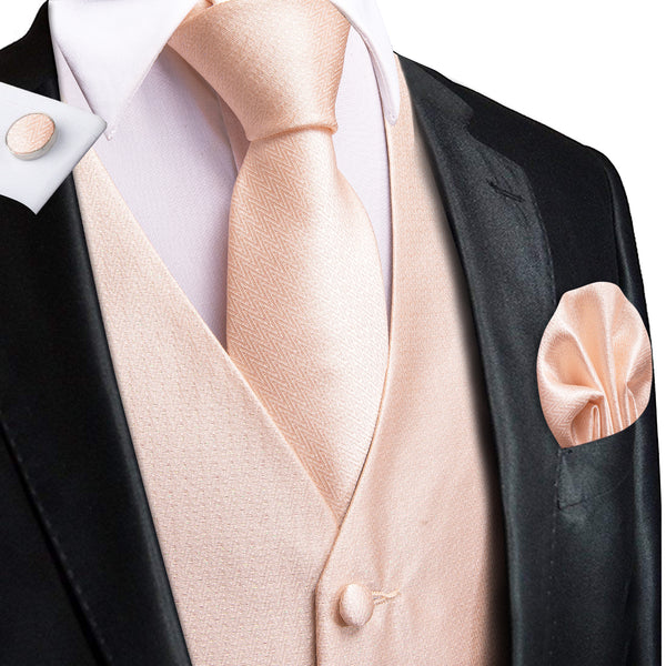 Light Salmon Solid Jacquard Silk Men's Vest Hanky Cufflinks Tie Set
