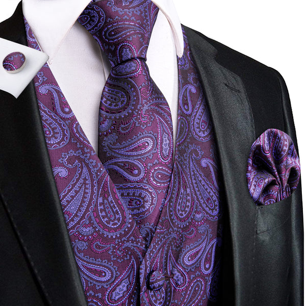 Jam Purple Jacquard Silk Men's Vest Hanky Cufflinks Tie Set