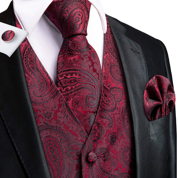 DarkRed Black Paisley Jacquard Silk Men's Vest Hanky Cufflinks Tie Set