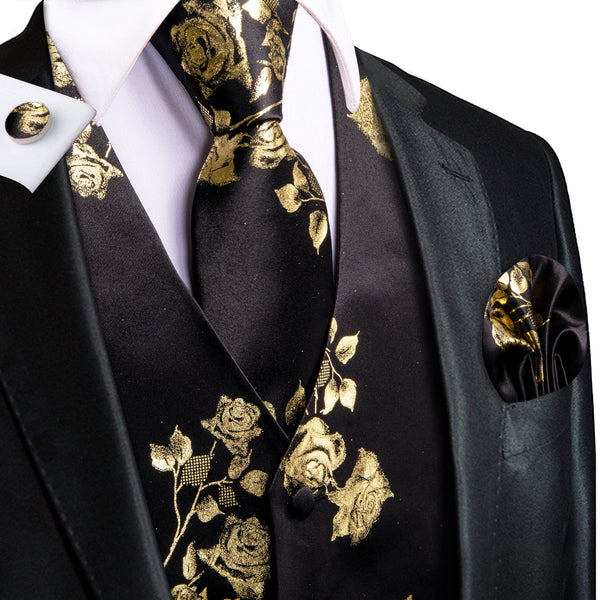 Black Golden Rose Floral Jacquard Silk Men's Vest Hanky Cufflinks Tie Set