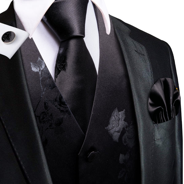 Black Grey Rose Floral Jacquard Silk Men's Vest Hanky Cufflinks Tie Set